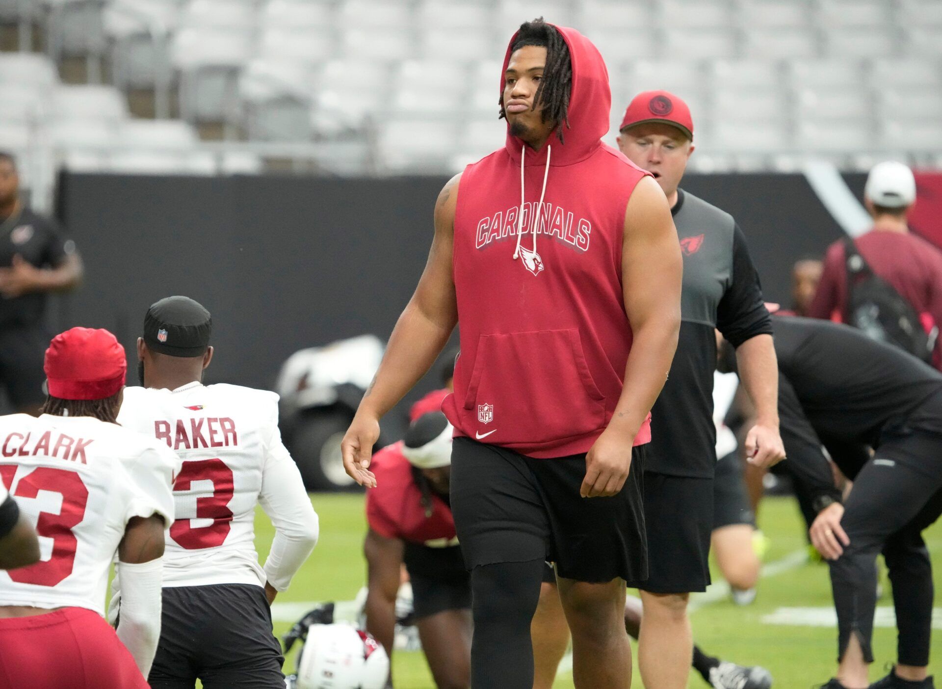 Arizona Cardinals defensive tackle Walter Nolen III walks around during training camp July 27, 2025. He is recovering from an injury.