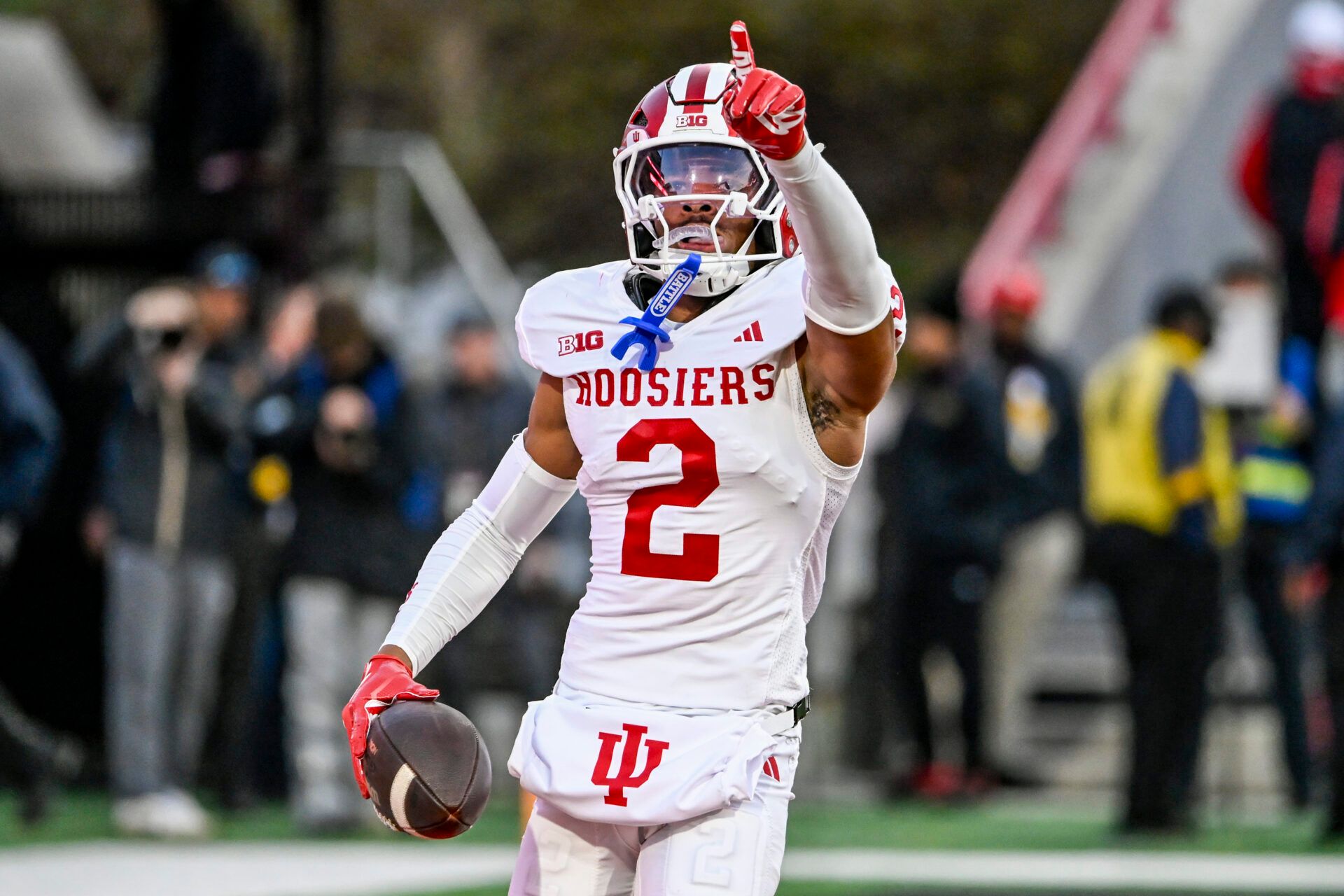 Indiana Hoosiers defensive back Byron Baldwin Jr. (2) celebrates after recovering a Maryland Terrapins fumble during the second half at SECU Stadium.