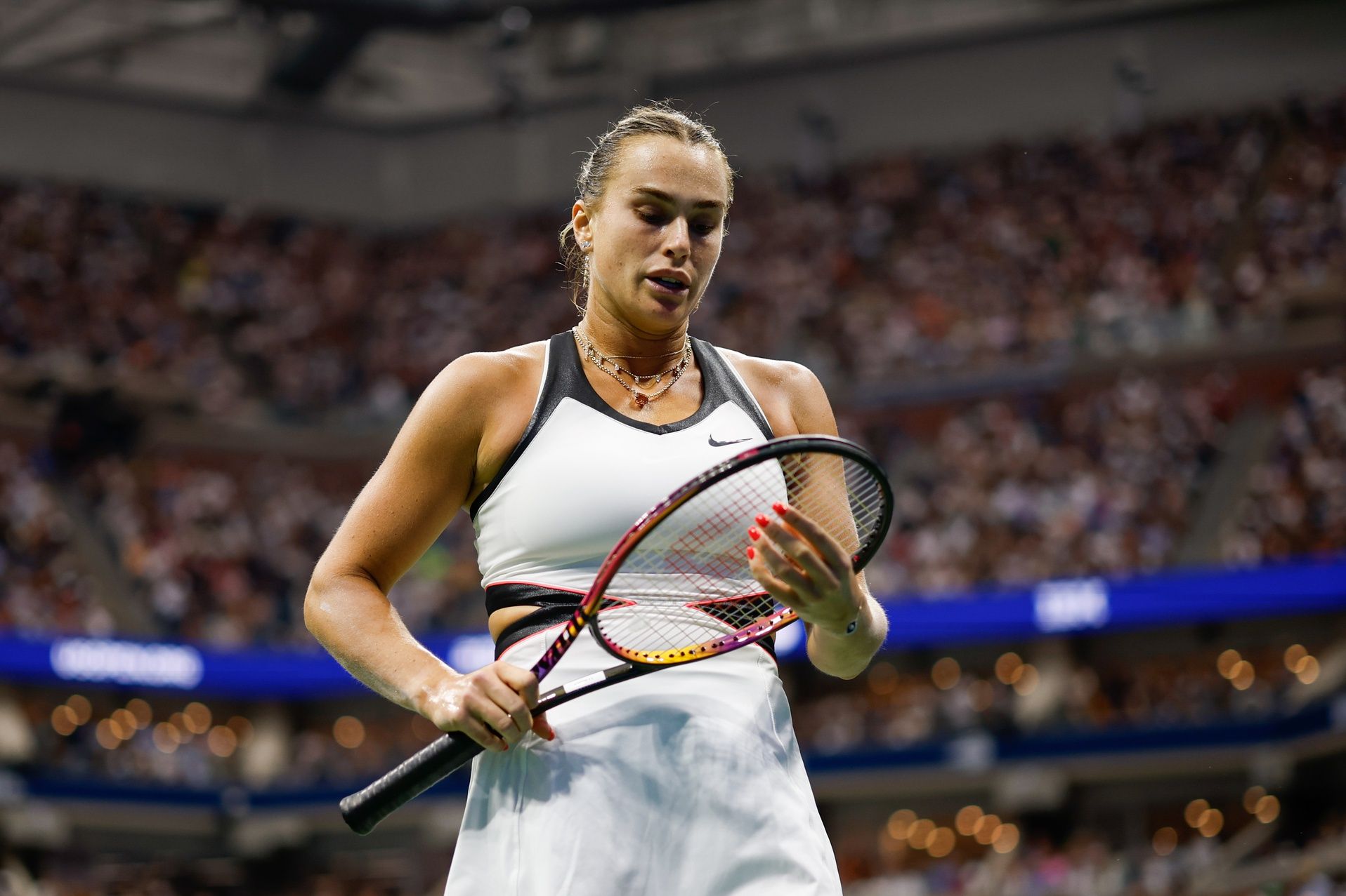 Aryna Sabalenka looks on in the women's singles final against Amanda Anisimova (USA) (not pictured) of the 2025 US Open tennis championships at Billie Jean King National Tennis Center.