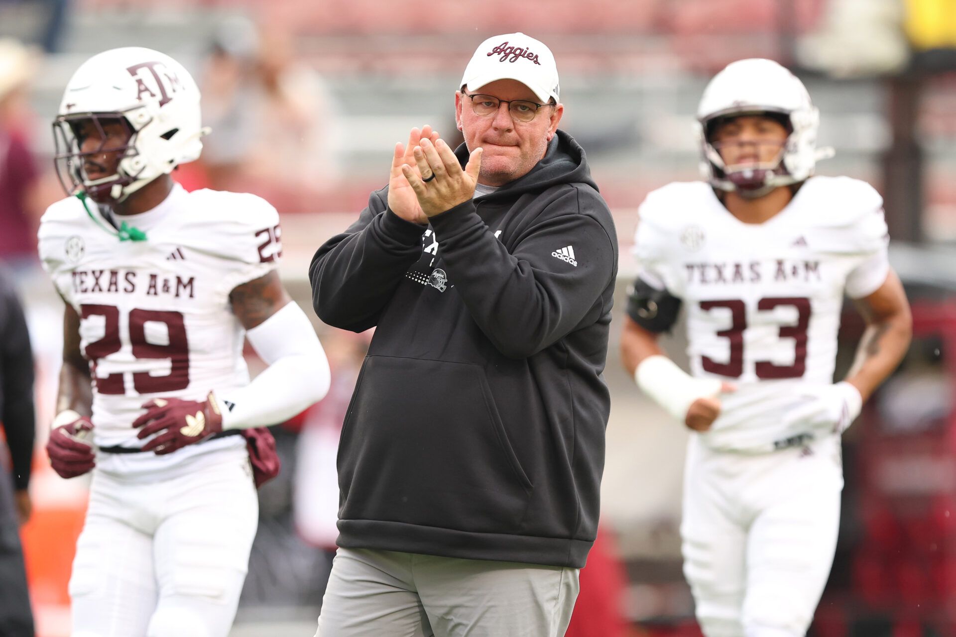 Texas A&M Aggies head coach Mike Elko prior to the game against the Arkansas Razorbacks at Donald W. Reynolds Razorback Stadium.