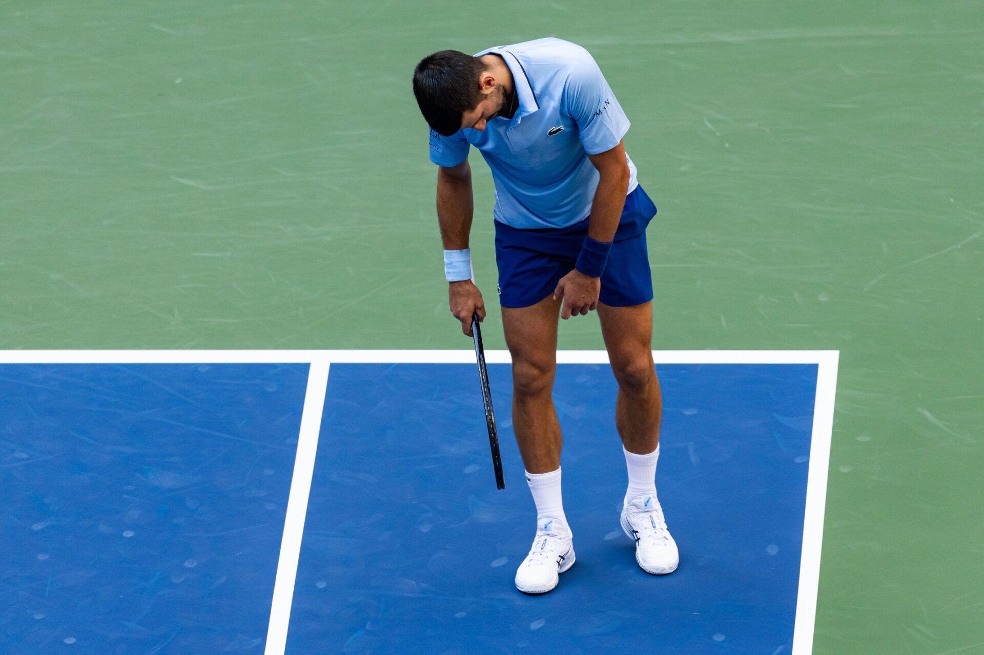 Novak Djokovic of Serbia in action against Carlos Alcaraz of Spain in the semifinal of the mens singles at the US Open at Arthur Ashe Stadium in Billie Jean King National Tennis Center.