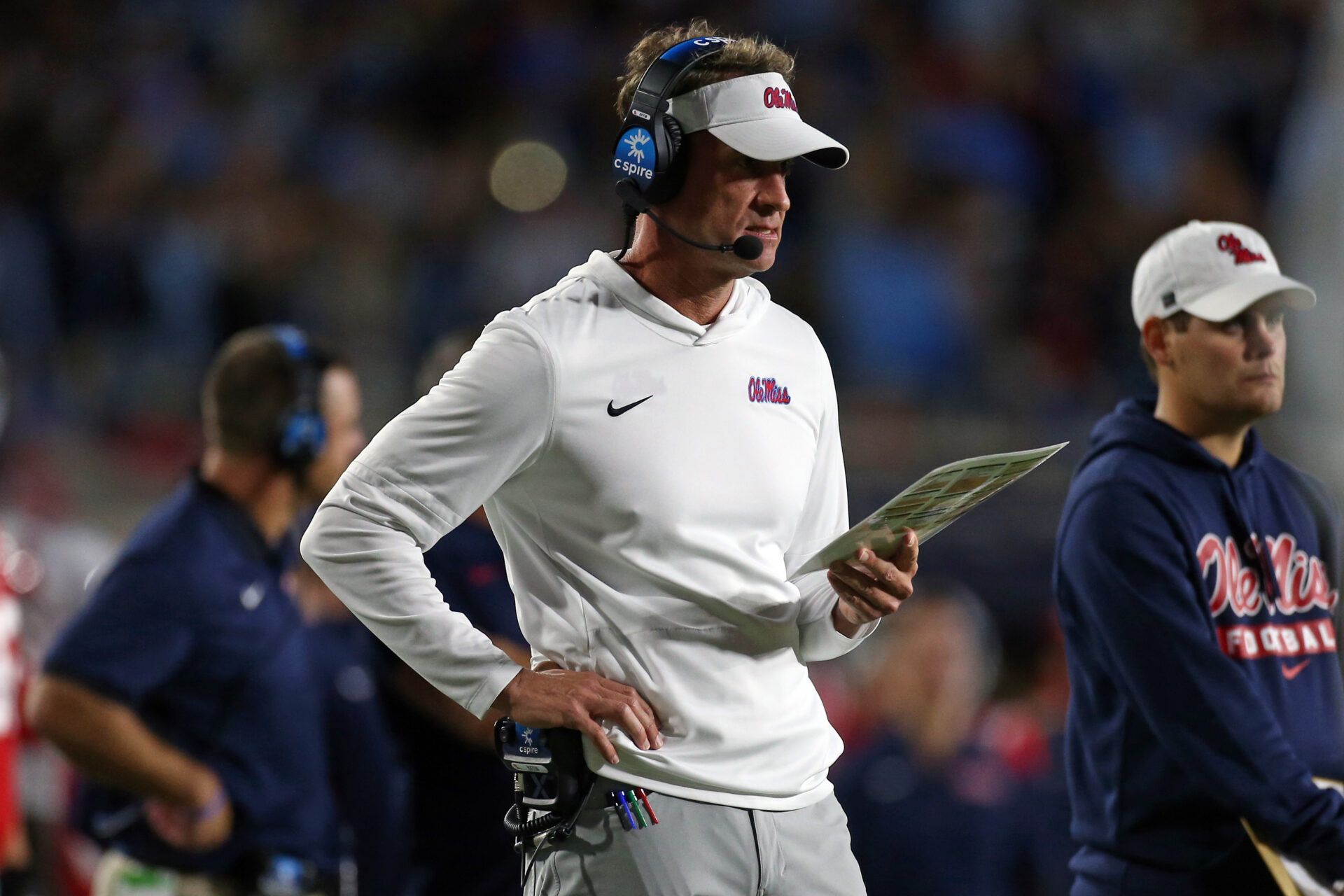 Mississippi Rebels head coach Lane Kiffin looks on during the first quarter against the South Carolina Gamecocks at Vaught-Hemingway Stadium.