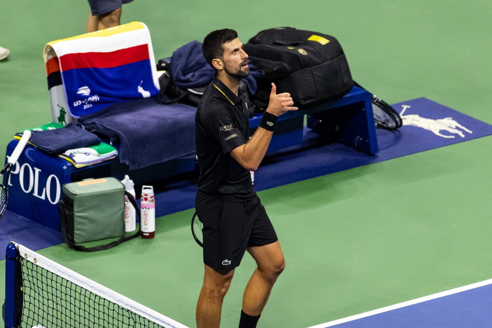 Novak Djokovic of Serbia celebrates his victory over Taylor Fritz of the United States in the quarterfinal of the men’s singles at the US Open at Arthur Ashe Stadium in Billie Jean King National Tennis Center.