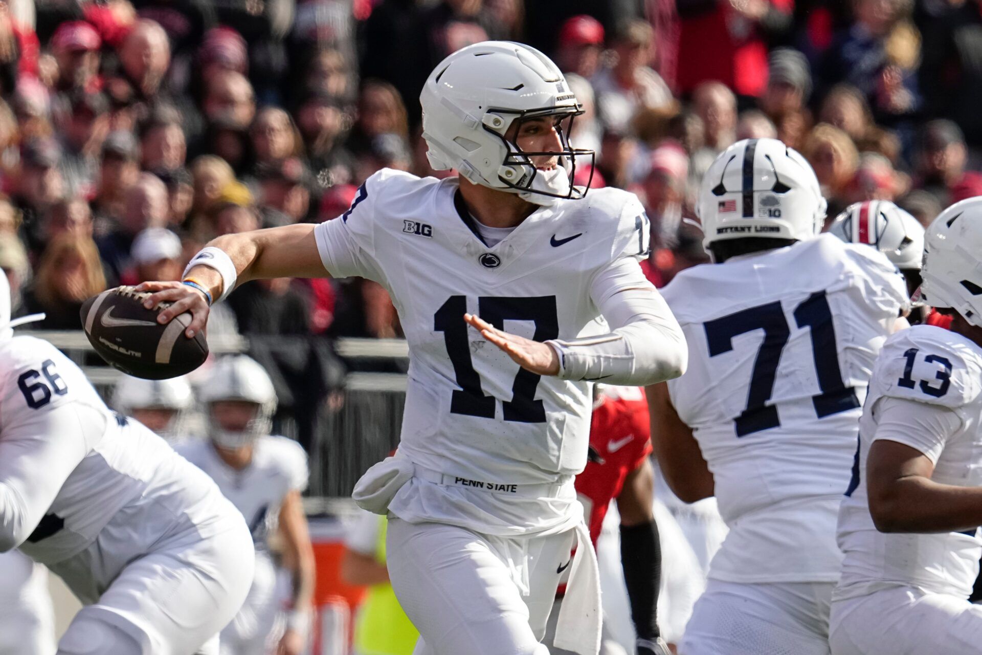 Penn State Nittany Lions quarterback Ethan Grunkemeyer (17) looks to throw during the NCAA football game against the Ohio State Buckeyes at Ohio Stadium in Columbus on Nov. 1, 2025.