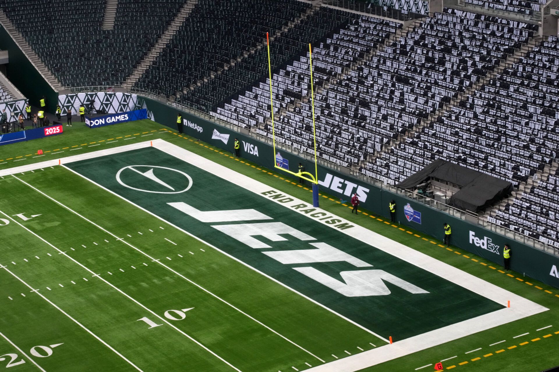 The New York Jets logo in the end zone during an NFL International Series game at Tottenham Hotspur Stadium.