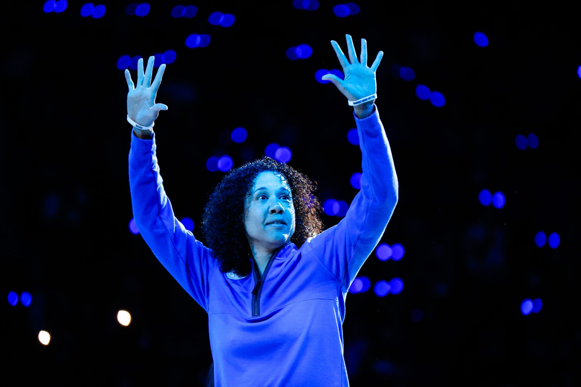 Duke Blue Devils head coach Kara Lawson is introduced during player introductions at the Countdown to Craziness at the Cameron Indoor Stadium.
