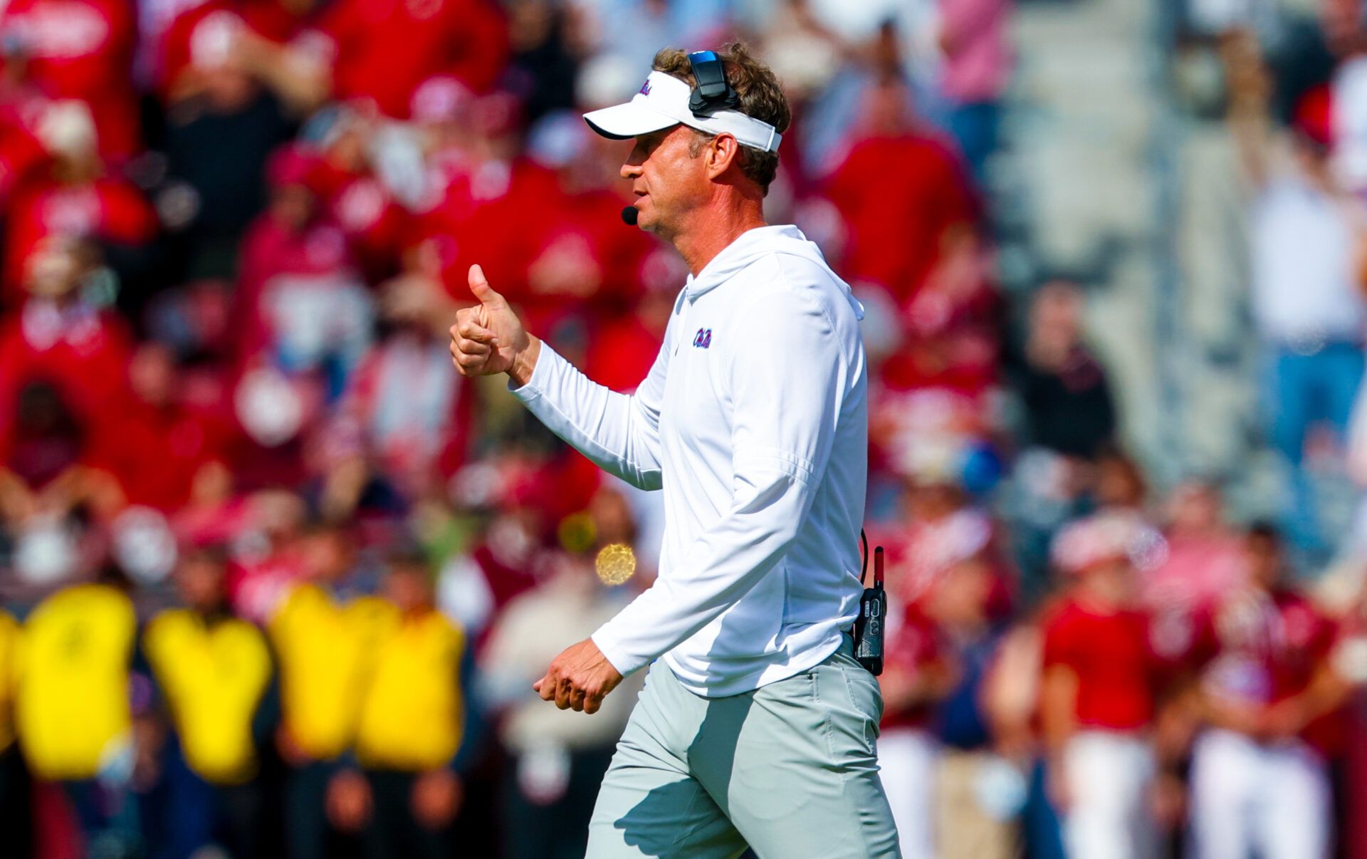 Ole Miss Rebels head coach Lane Kiffin reacts during the second half against the Oklahoma Sooners at Gaylord Family-Oklahoma Memorial Stadium.