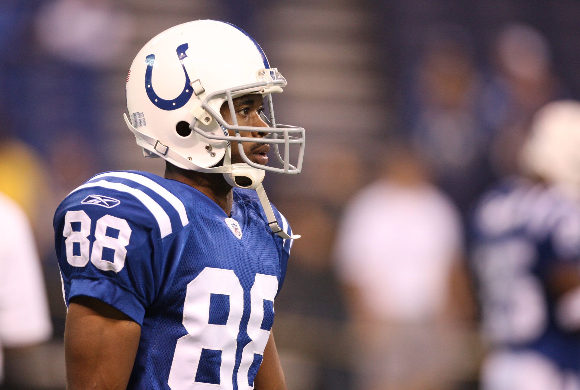 Indianapolis Colts receiver Marvin Harrison (88) pregame against the Jacksonville Jaguars at Lucas Oil Stadium.