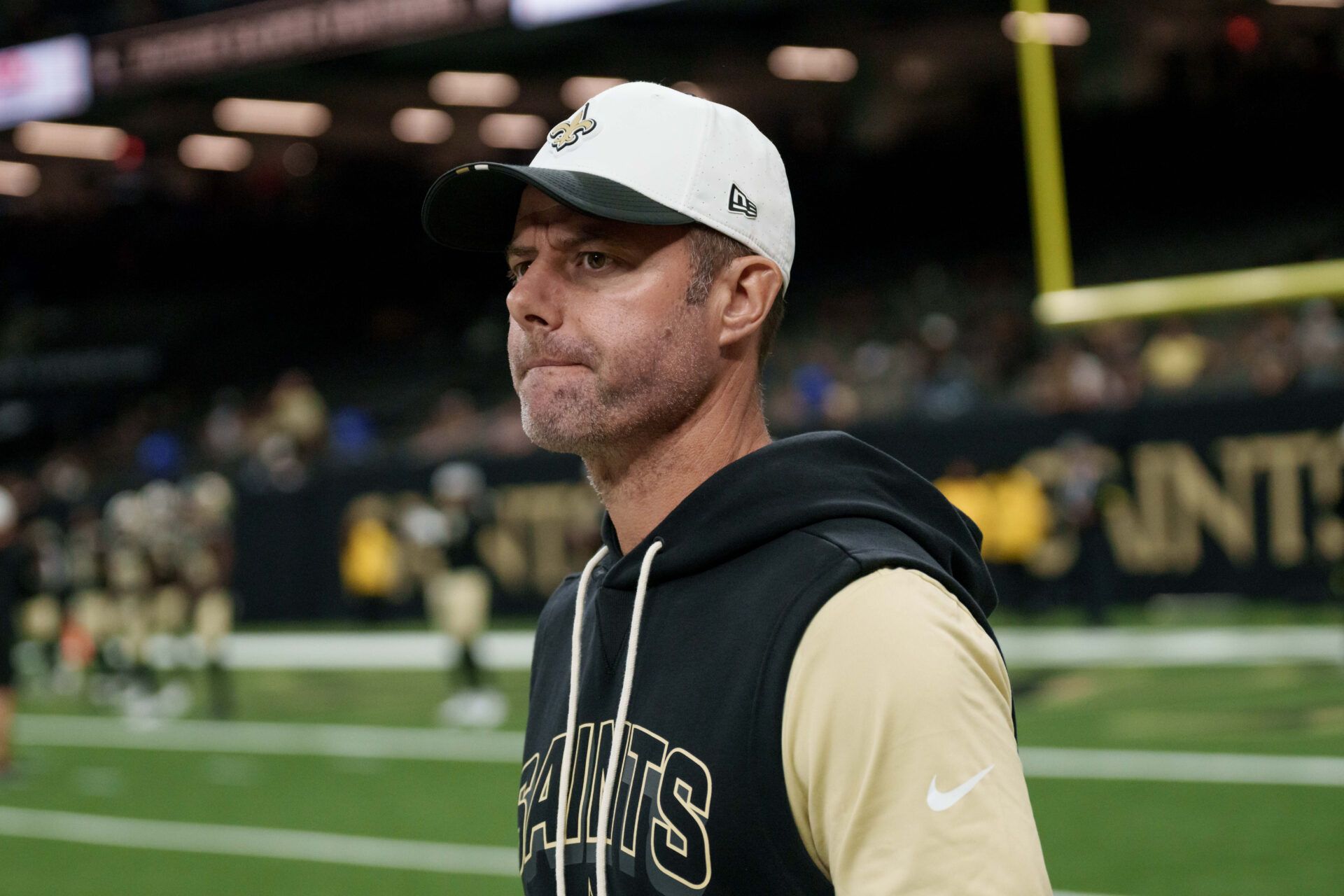 New Orleans Saints defensive coordinator Brandon Staley arrives before a game against the Jacksonville Jaguars at Caesars Superdome.