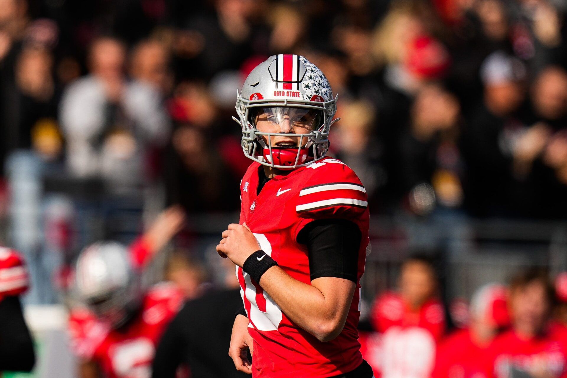 Ohio State Buckeyes quarterback Julian Sayin (10) reacts after throwing a touchdown pass in the first half of the college football game at Ohio Stadium on Saturday, Nov. 1, 2025 in Columbus, Ohio.