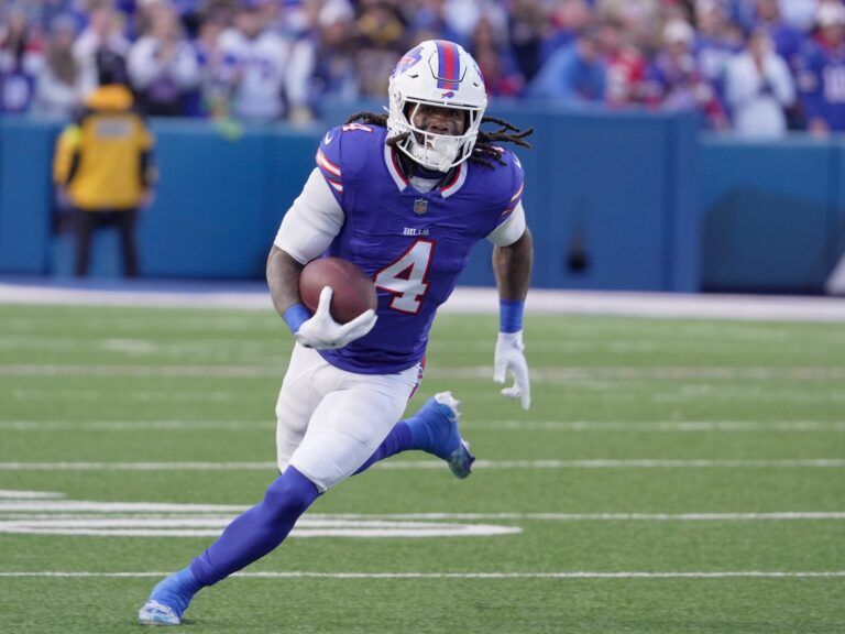 Buffalo Bills running back James Cook III has a wide open are to run the ball during first half action against the Kansas City Chiefs at Highmark Stadium in Orchard Park on Nov. 2, 2025.