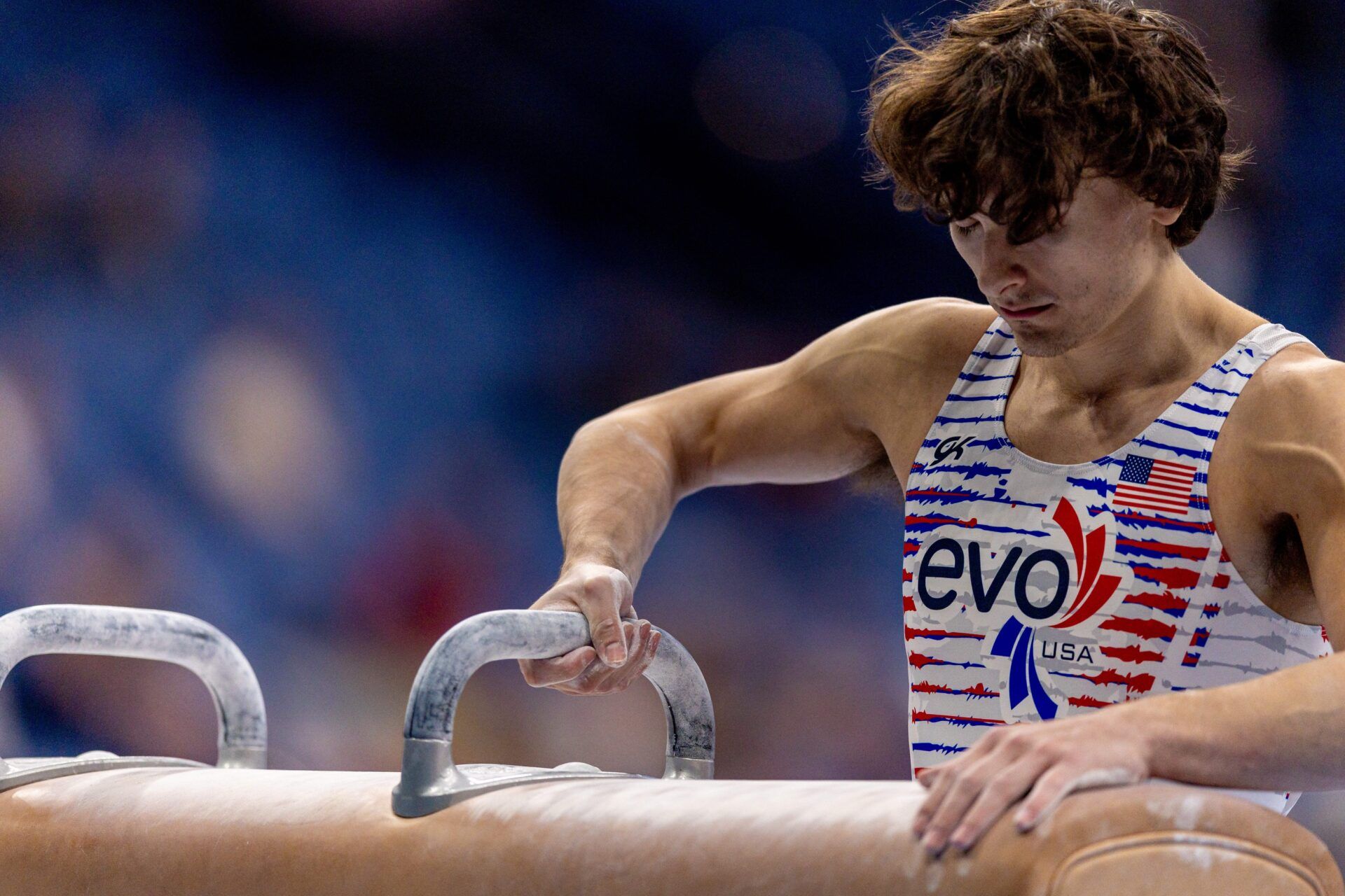 Stephen Nedoroscik of EVO Gym performs on pommel horse during day two of the senior men’s 2025 Xfinity U.S. Gymnastics Championships at Smoothie King Center.