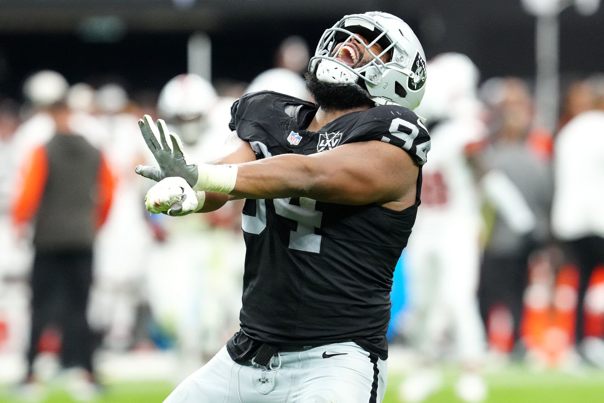 Las Vegas Raiders defensive tackle Christian Wilkins (94) celebrates after getting a sack against the Cleveland Browns during the third quarter at Allegiant Stadium.