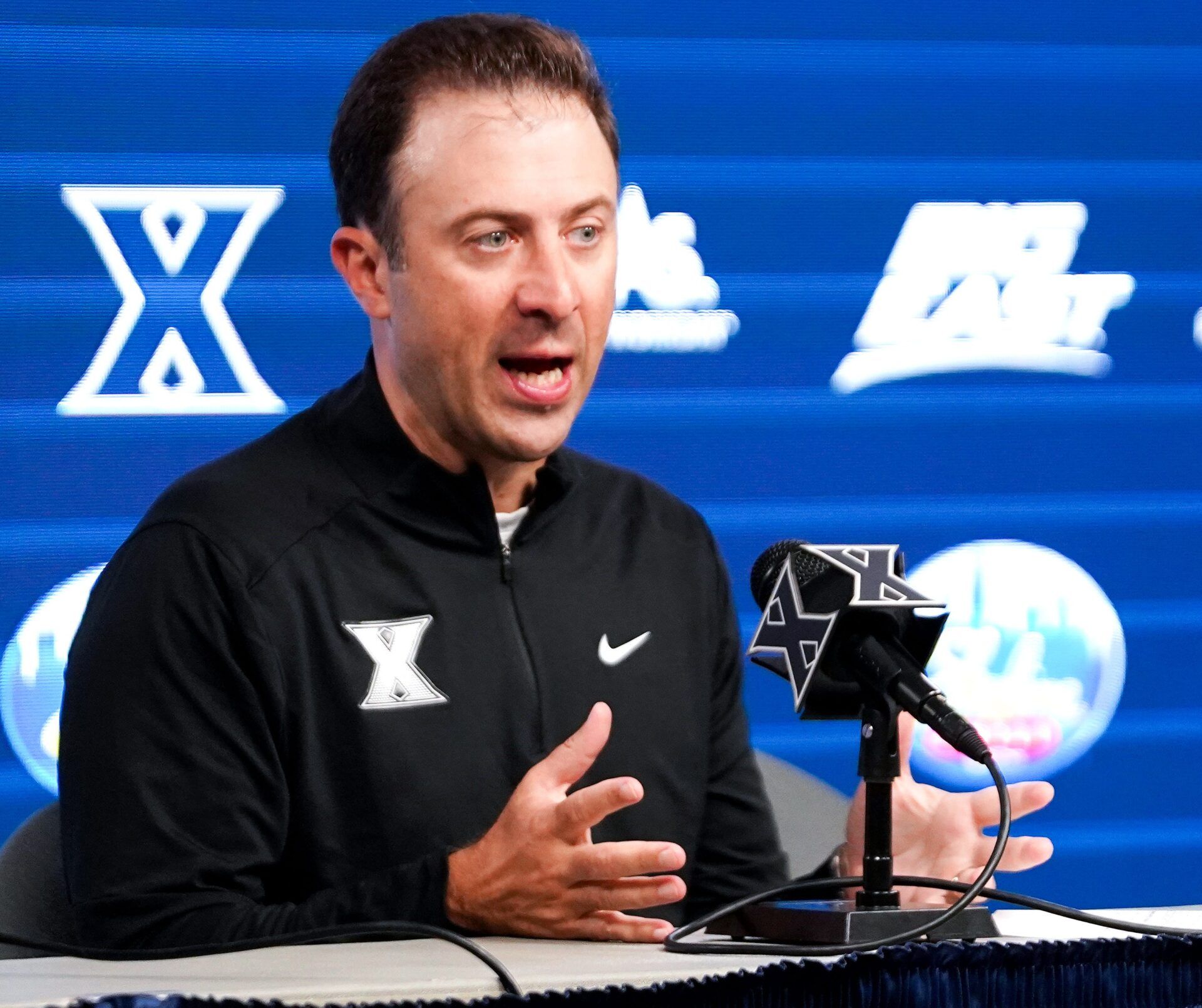 Xavier Musketeers head coach Richard Pitino speaks to media after the Musketeers’ game against the Murray State Racers, Saturday, Oct. 18, 2025, at Cintas Center in Cincinnati.