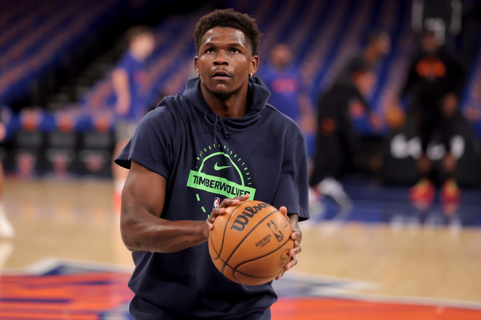 Minnesota Timberwolves guard Anthony Edwards (5) warms up before a game against the New York Knicks at Madison Square Garden.