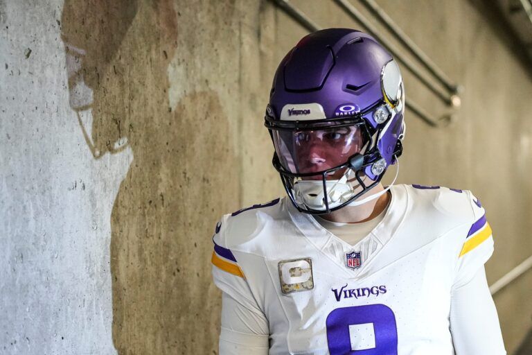 Minnesota Vikings quarterback J.J. McCarthy (9) walks down the tunnel for warmup ahead of the Detroit Lions game at Ford Field in Detroit on Sunday, November 2, 2025.