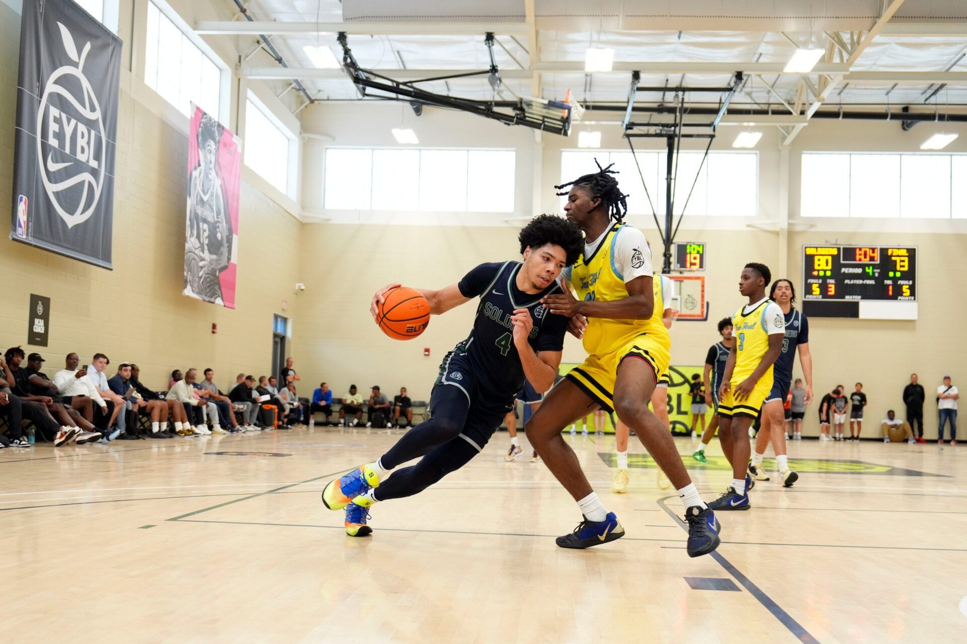 Oakland Soldiers Tyran Stokes (4) moves towards the basket during the Oakland Soldiers and Team Final game at Nike EYBL Peach Jam at Riverview Park Activities Center. The Oakland Soldiers won 86-75.