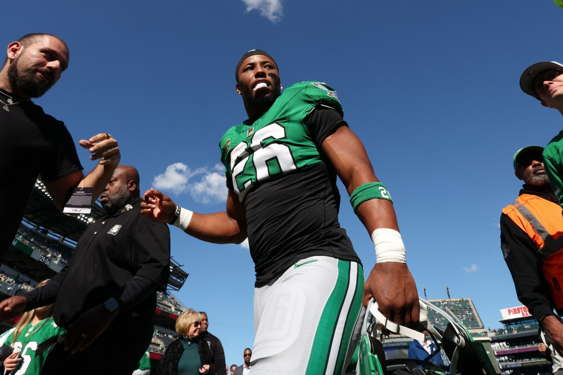 Philadelphia Eagles running back Saquon Barkley (26) looks on before the game against the New York Giants at Lincoln Financial Field.