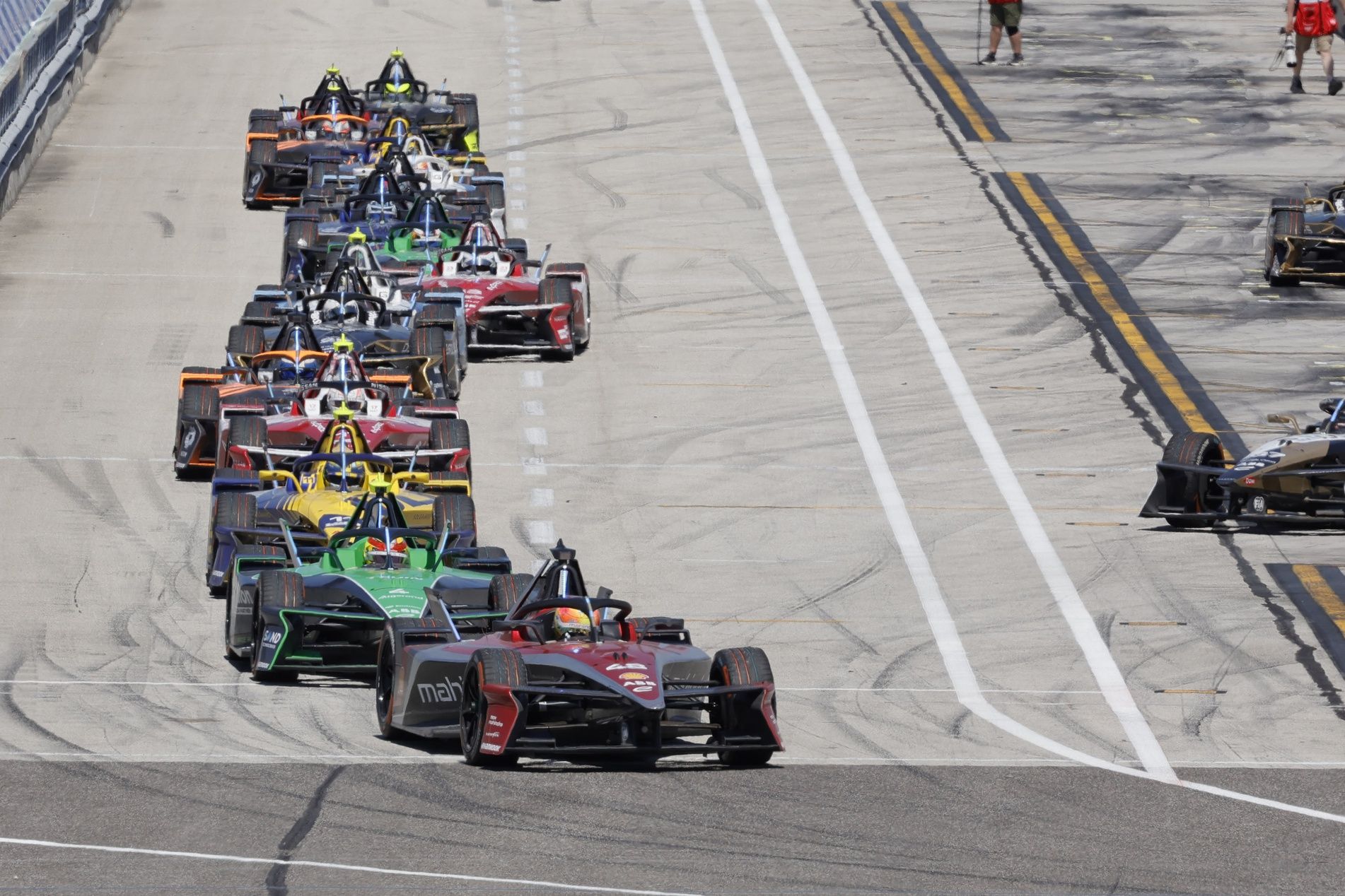 Driver Edoardo Mortara of Team Mahindra Racing leads the field into turn one during the ABB Formula E Series race at the Homestead Motor Speedway
