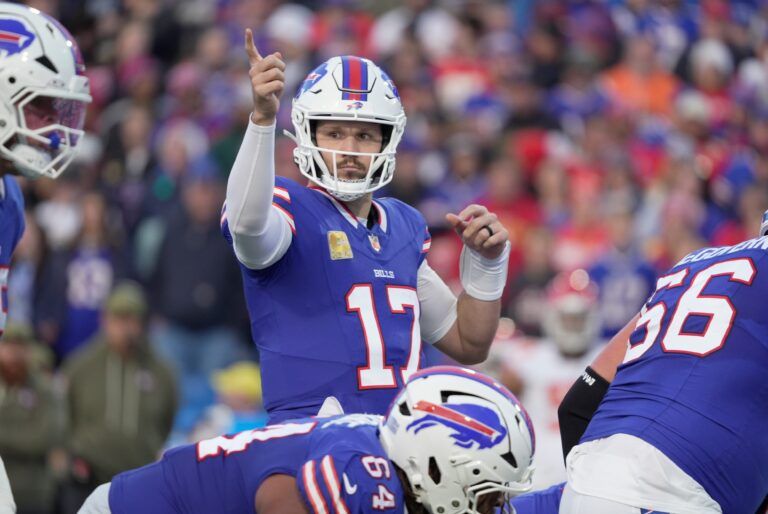 Buffalo Bills quarterback Josh Allen signals to the offensive line during first half action against the Kansas City Chiefs at Highmark Stadium in Orchard Park on Nov. 2, 2025.