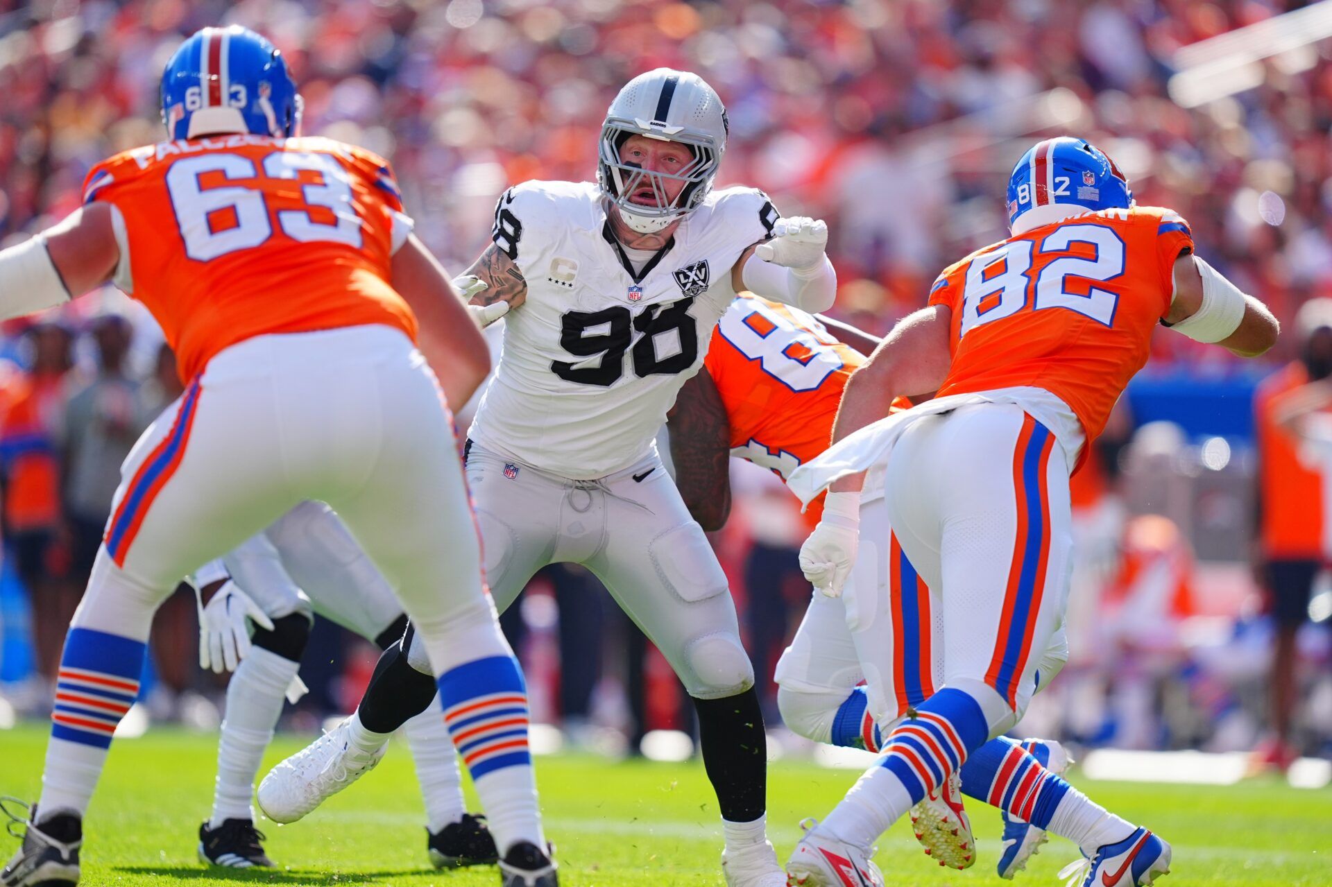 Las Vegas Raiders defensive end Maxx Crosby (98) during the second quarter against the Denver Broncos at Empower Field at Mile High.