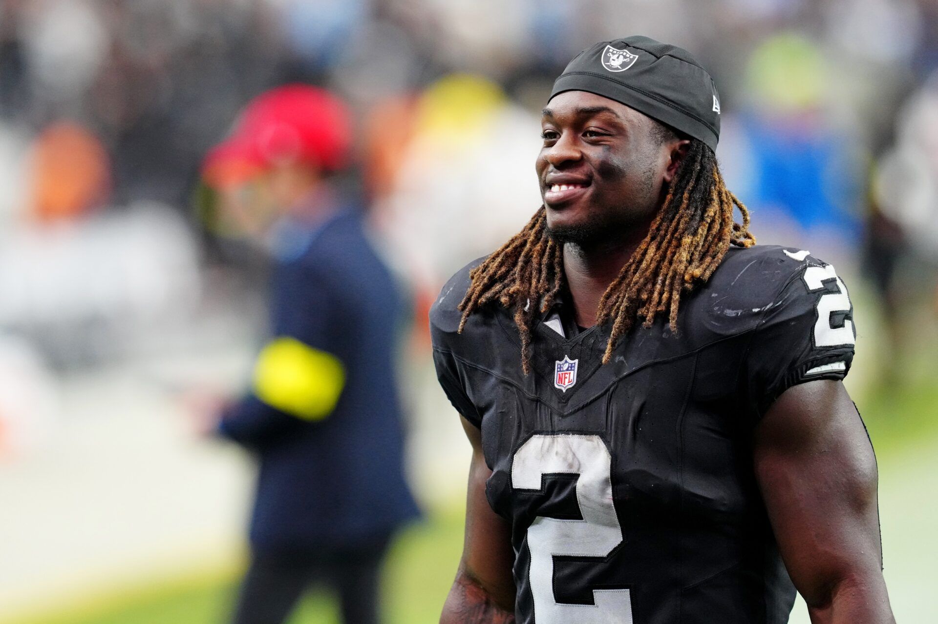 Las Vegas Raiders running back Ashton Jeanty (2) reacts after the game against the Tennessee Titans at Allegiant Stadium.