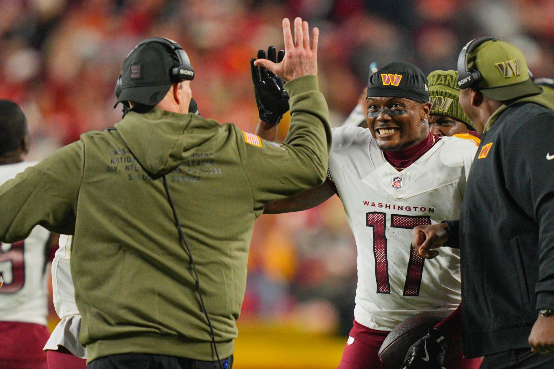 Washington Commanders wide receiver Terry McLaurin (17) celebrates after a touchdown against the Kansas City Chiefs during the second quarter of the game at GEHA Field at Arrowhead Stadium.