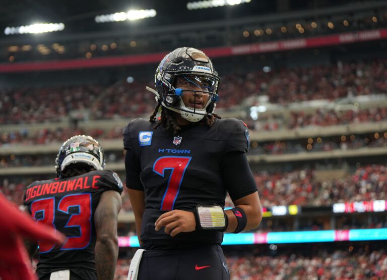 Houston Texans quarterback C.J. Stroud (7) reacts during the second half against the San Francisco 49ers at NRG Stadium.