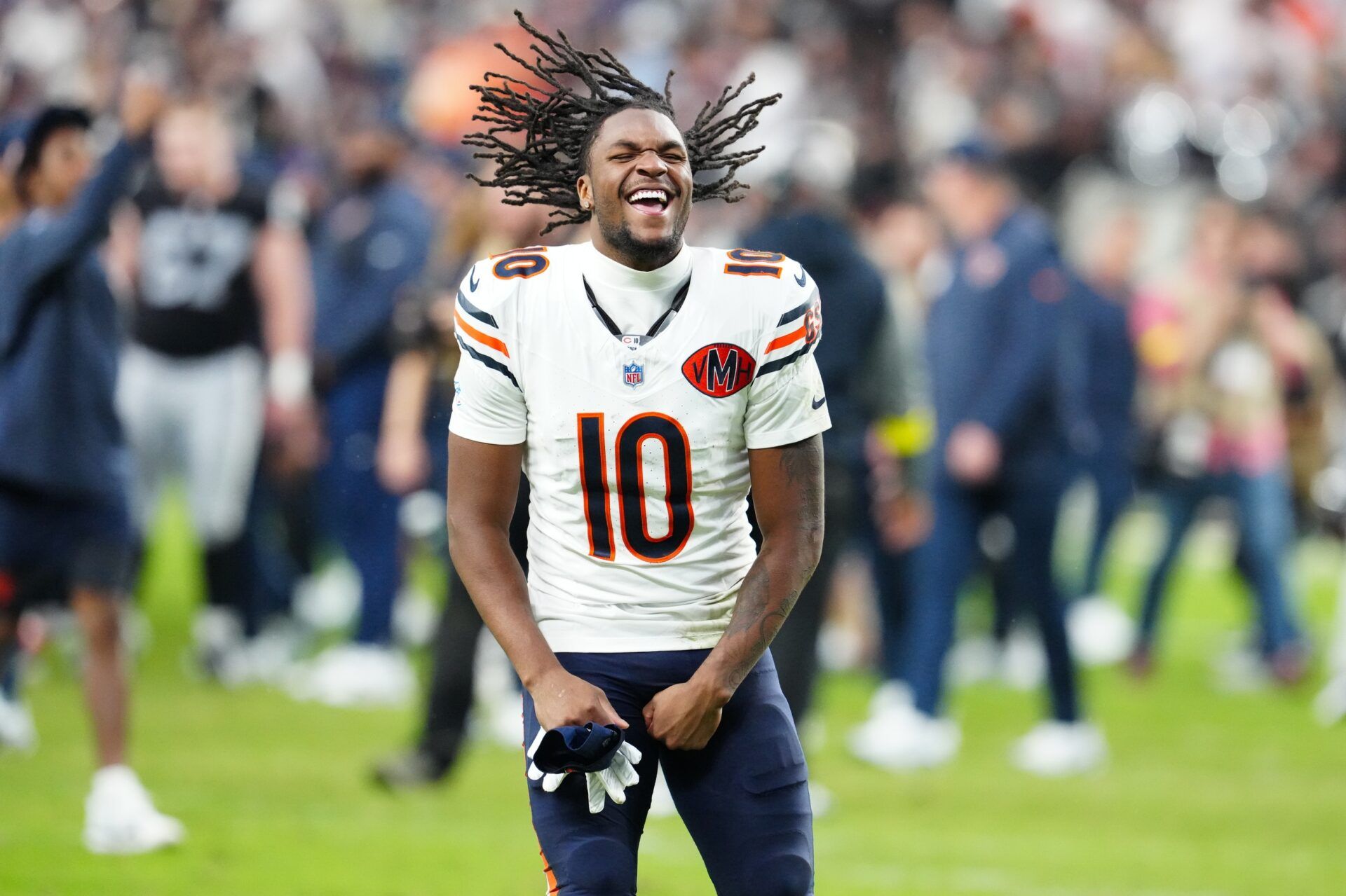 Chicago Bears wide receiver Luther Burden III (10) celebrates after the game against the Las Vegas Raiders at Allegiant Stadium.