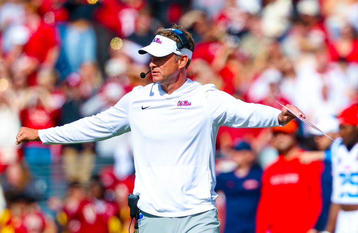 Ole Miss Rebels head coach Lane Kiffin reacts during the second half against the Oklahoma Sooners at Gaylord Family-Oklahoma Memorial Stadium.