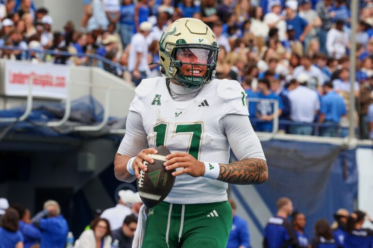 South Florida Bulls Byrum Brown(17) prepares to throw a pass against the Memphis Tigers during the second quarter at Simmons Bank Liberty Stadium.