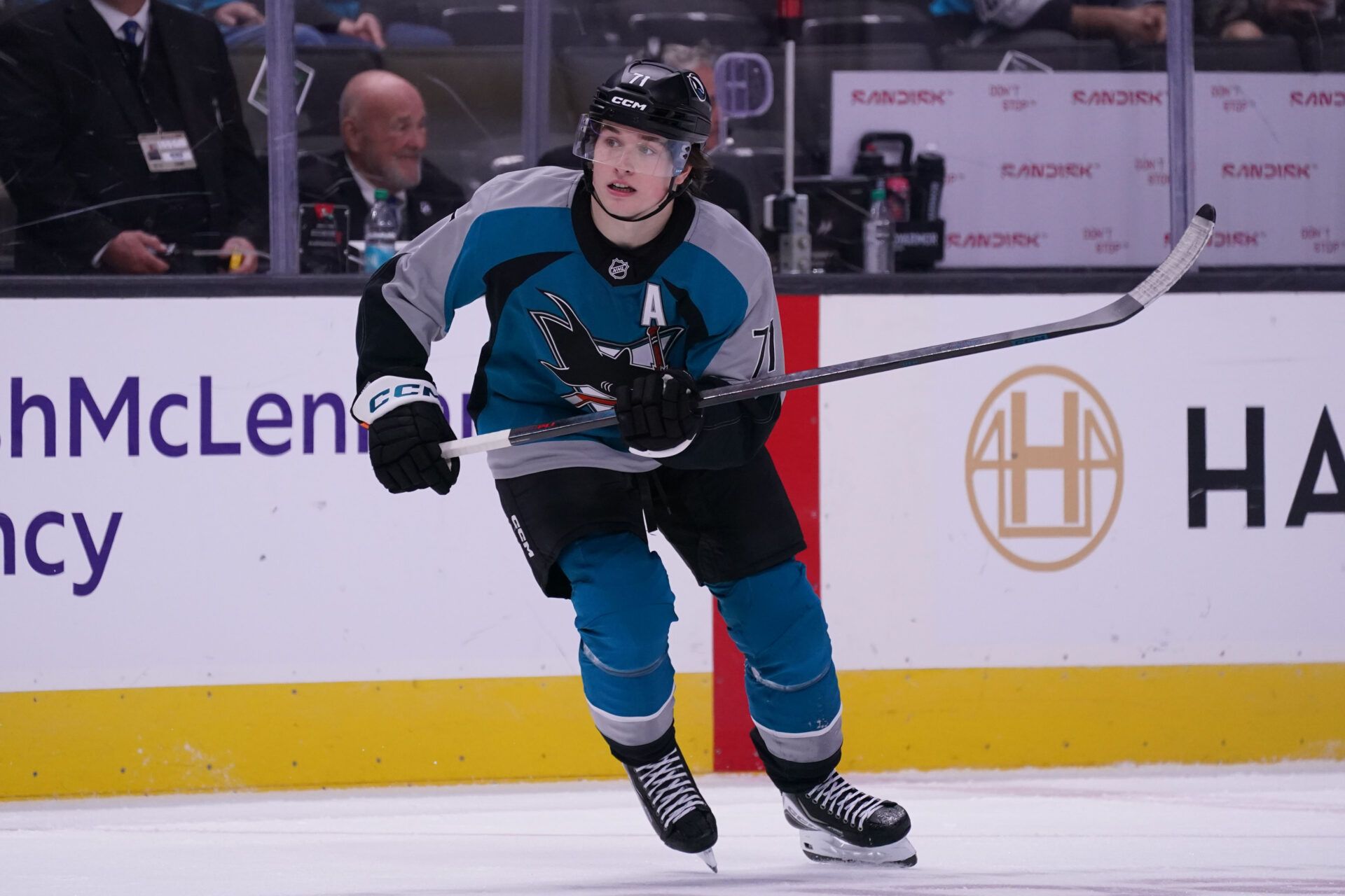 San Jose Sharks center Macklin Celebrini (71) chases the puck in the third period against the New Jersey Devils at SAP Center at San Jose.