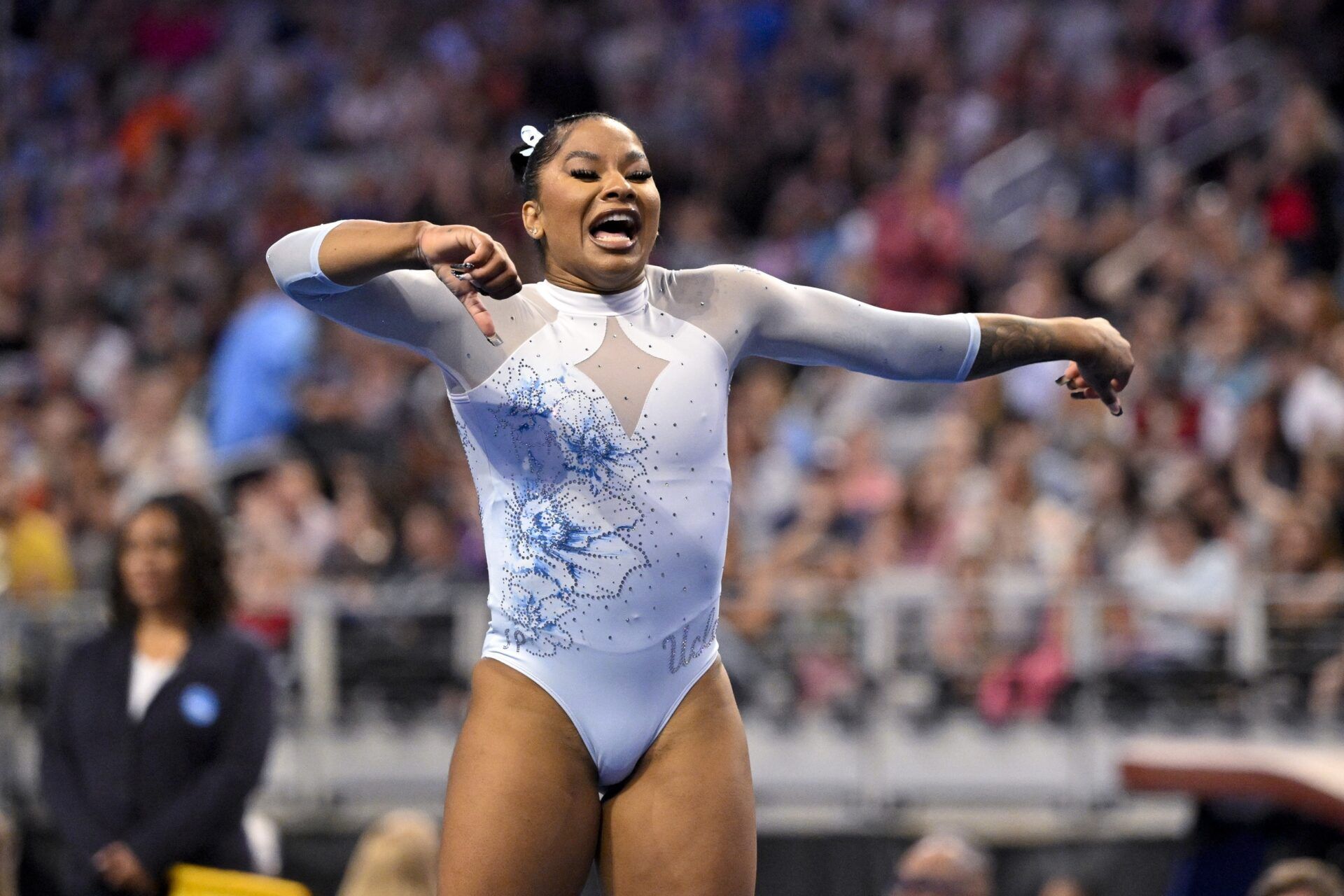 UCLA Bruins gymnast Jordan Chiles performs on floor exercise during the 2025 Women's National Gymnastics Championship at Dickies Arena.