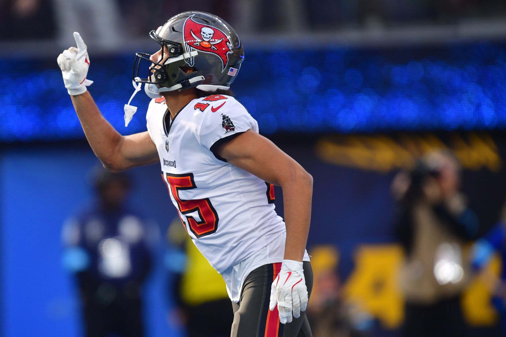 Tampa Bay Buccaneers wide receiver Jalen McMillan (15) celebrates his touchdown scored against the Los Angeles Chargers during the first half at SoFi Stadium.