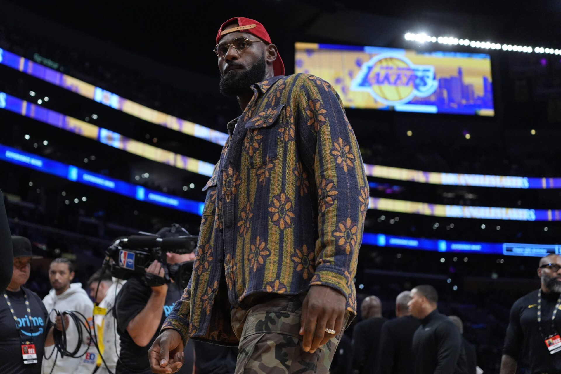 Los Angeles Lakers forward LeBron James reacts during the game against the Minnesota Timberwolves at Crypto.com Arena.