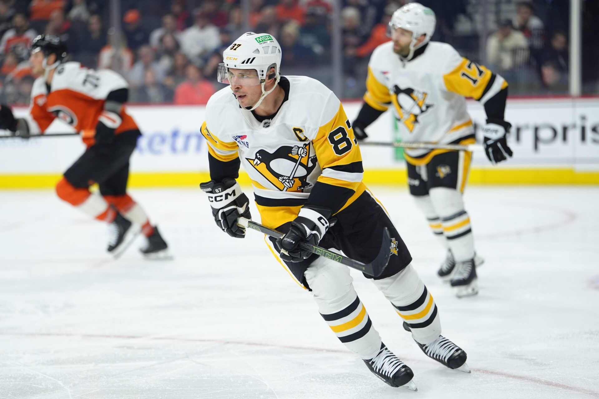 Pittsburgh Penguins center Sidney Crosby (87) in action against the Philadelphia Flyers in the second period at Xfinity Mobile Arena.