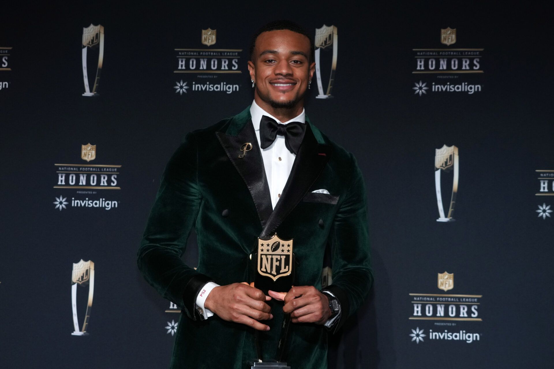 Denver Broncos cornerback Patrick Surtain II poses with the Defensive Player of the Year award during Super Bowl LIX NFL Honors at Saenger Theatre.