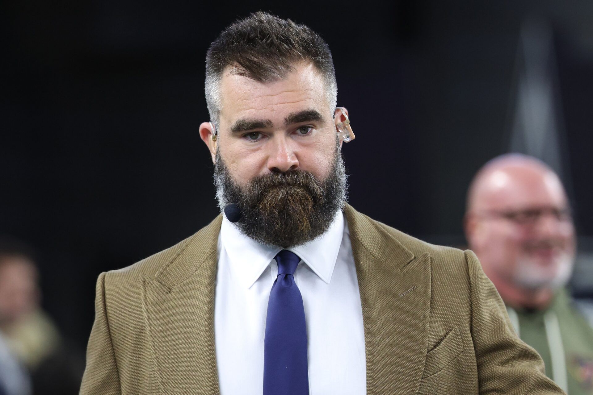 Jason Kelce looks on before the game between the Dallas Cowboys and the Arizona Cardinals at AT&T Stadium.