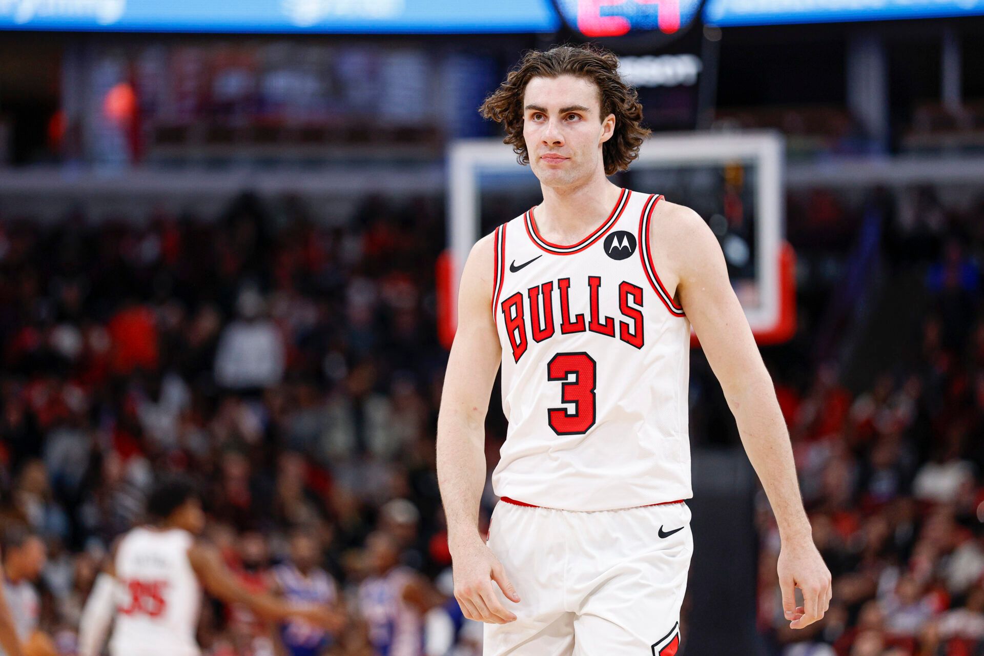 Chicago Bulls guard Josh Giddey (3) reacts during the second half at United Center.