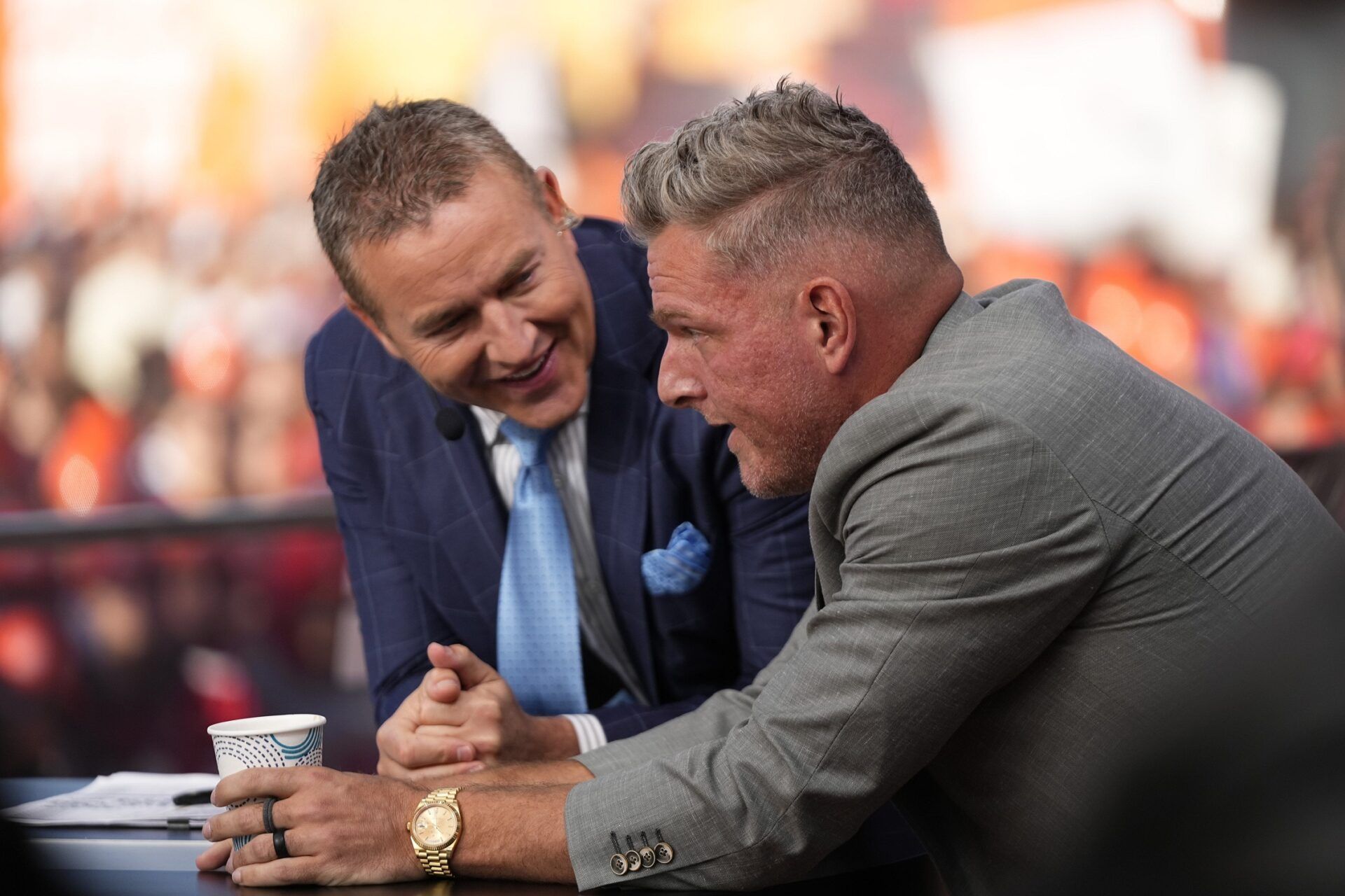 Pat McAfee, right, talks to Kirk Herbstreit on the set of ESPN College GameDay prior to the NCAA football game between the Ohio State Buckeyes and the Texas Longhorns at Ohio Stadium on Aug. 30, 2025.