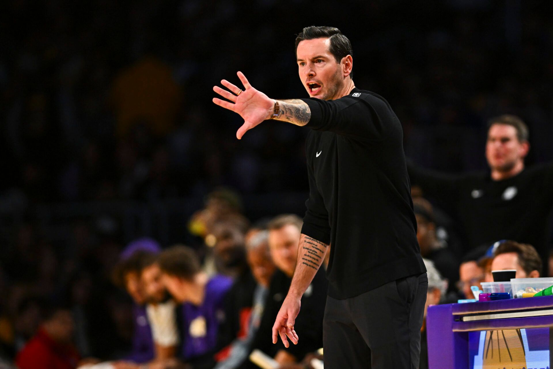 Los Angeles Lakers Head Coach JJ Redick reacts during the game against the Miami Heat during the first half at Crypto.com Arena.