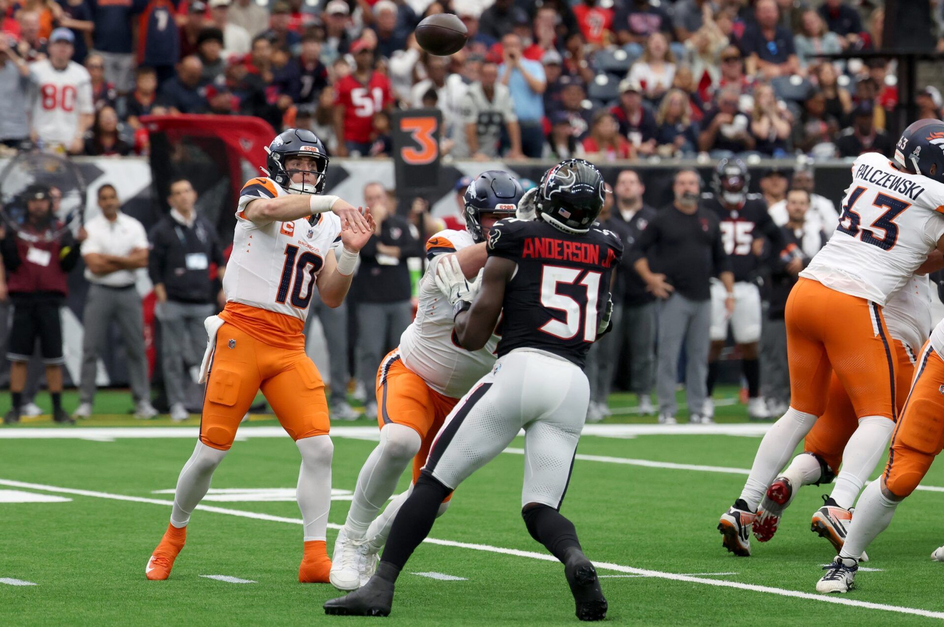 Denver Broncos quarterback Bo Nix (10) throws during the second half against the Houston Texans at NRG Stadium.