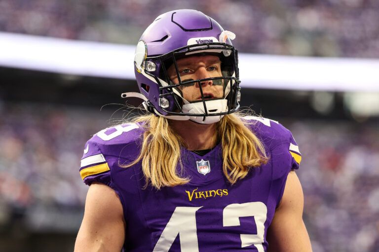 Minnesota Vikings linebacker Andrew Van Ginkel (43) looks on before the game against the Atlanta Falcons at U.S. Bank Stadium.