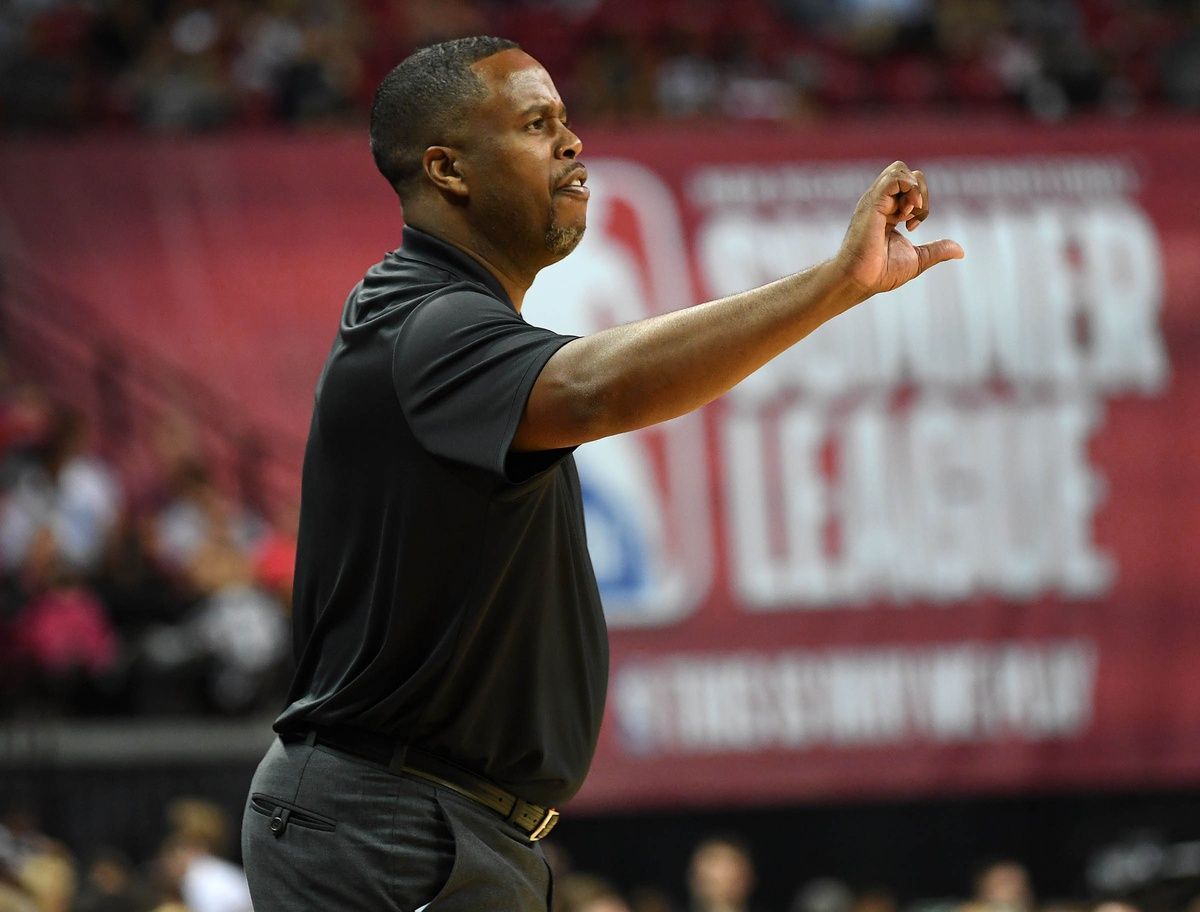 Cleveland Cavaliers Summer League head coach Damon Jones gestures during an NBA Summer League game against the Los Angeles Lakers at Thomas & Mack Center.