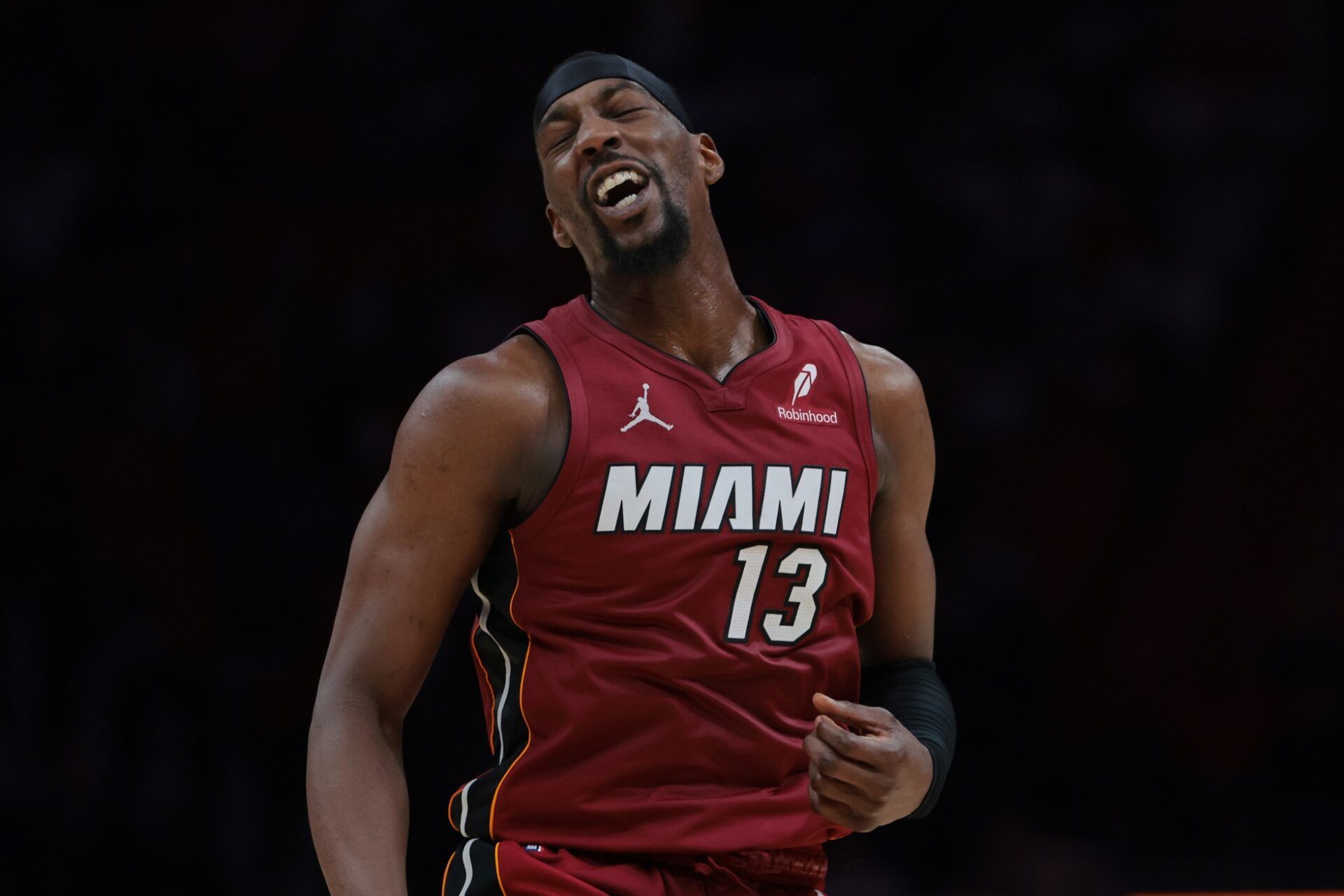 Miami Heat center Bam Adebayo (13) reacts against the Detroit Pistons during the second quarter at Kaseya Center.