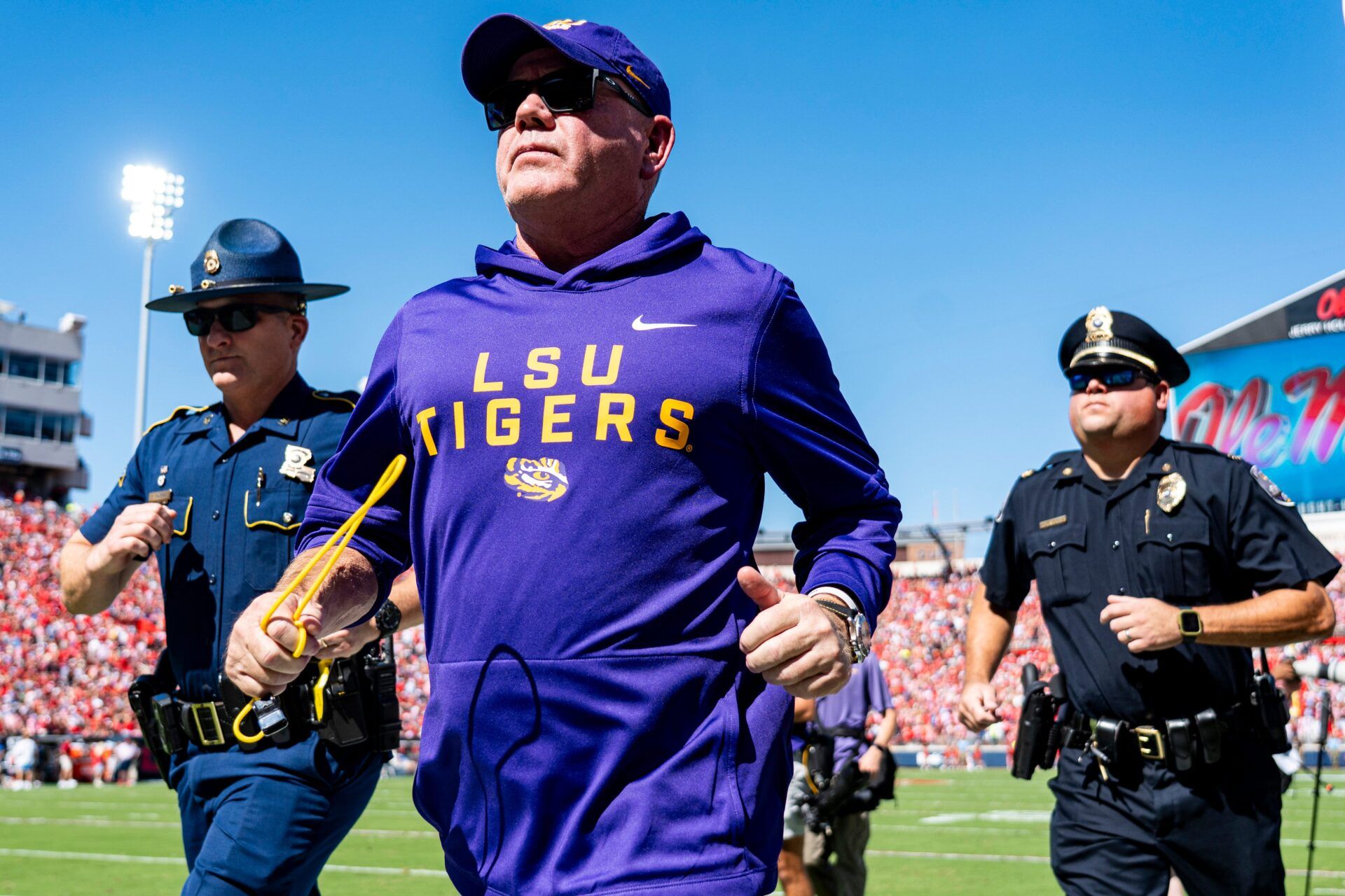 LSU head coach Brian Kelly runs off the field before a college football game between Ole Miss and LSU at Vaught-Hemingway Stadium in Oxford, Miss., on Saturday, Sept. 27, 2025. Ole Miss defeated LSU 24-19.