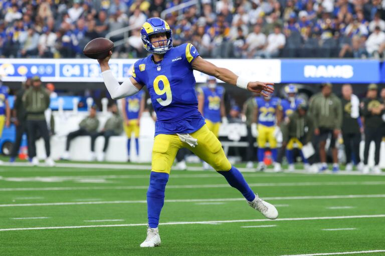 Los Angeles Rams quarterback Matthew Stafford (9) throws a pass against the New Orleans Saints during the second half at SoFi Stadium.