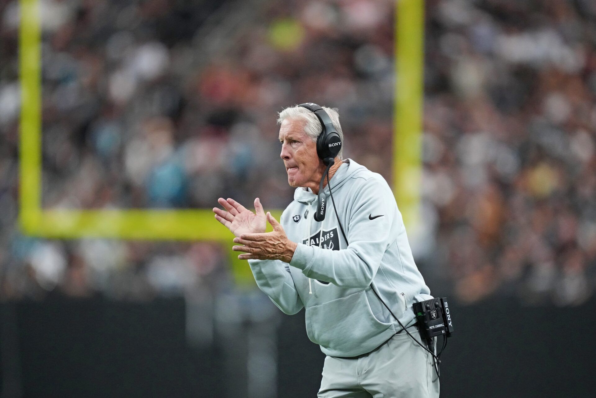 Las Vegas Raiders head coach Pete Carroll looks on during the first half against the Jacksonville Jaguars at Allegiant Stadium.