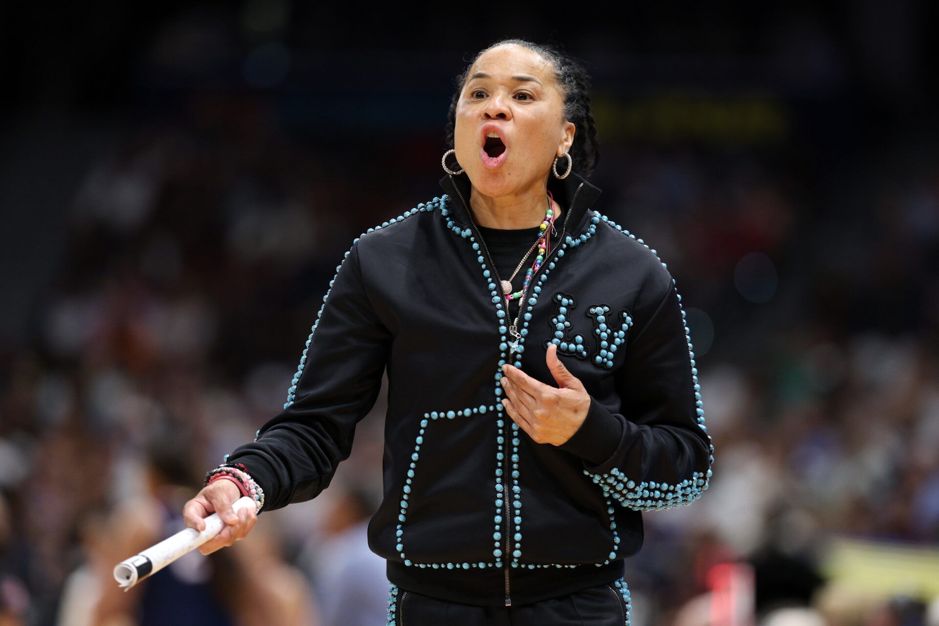 South Carolina Gamecocks head coach Dawn Staley reacts during the first half of the national championship of the women's 2025 NCAA tournament against the Connecticut Huskies at Amalie Arena.