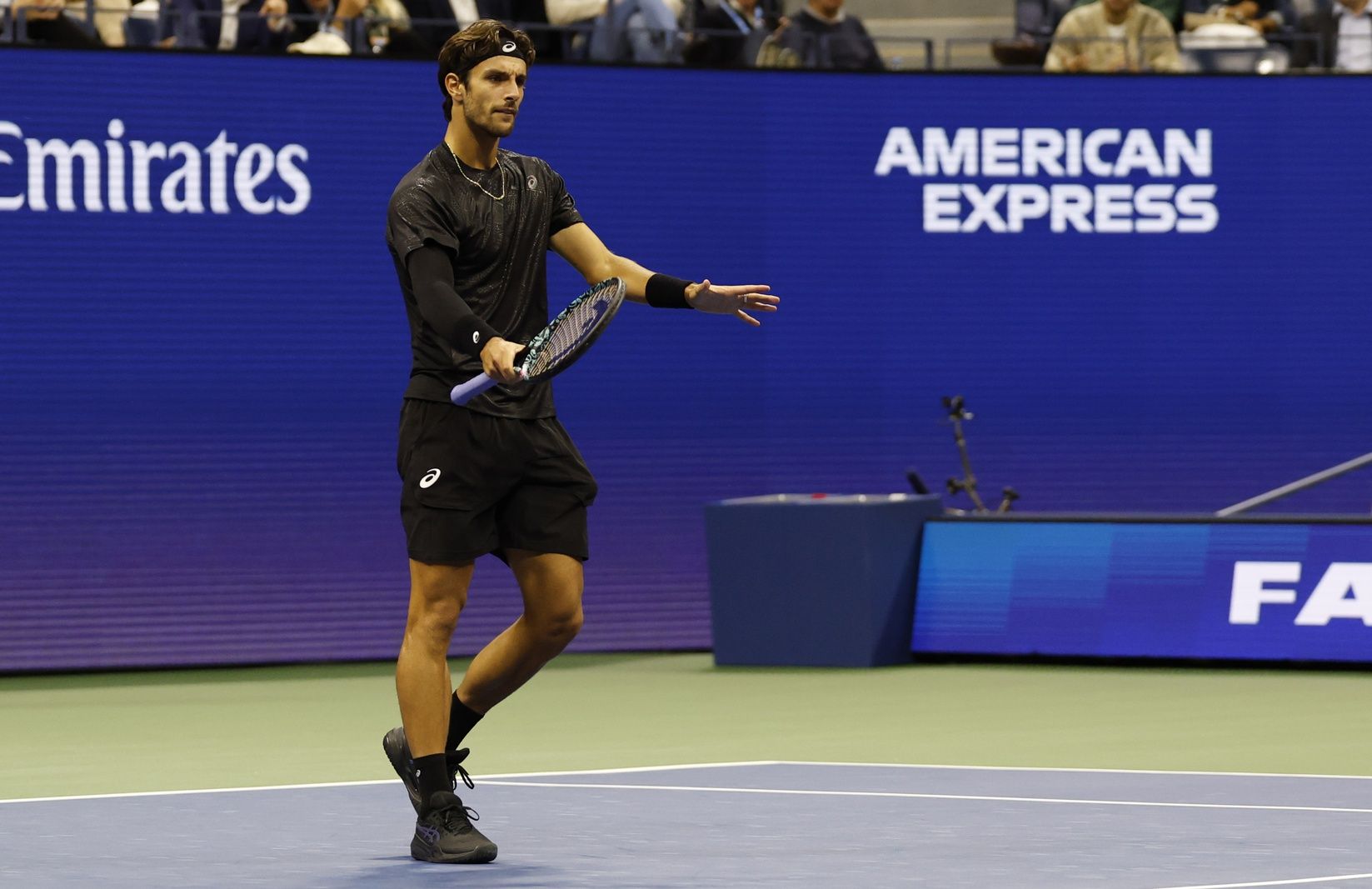 Lorenzo Musetti (ITA) reacts after a point against Jannik Sinner (ITA) (not pictured) on day eleven of the 2025 US Open tennis championships at USTA Billie Jean King National Tennis Center.